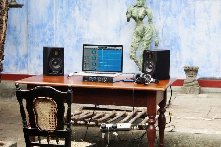 Aisling Brouwer's mobile recording setup with ADAM Audio A3X studio monitors
